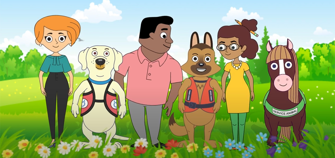 seis personajes de dibujos animados están parados uno al lado del otro en un campo bajo un cielo azul